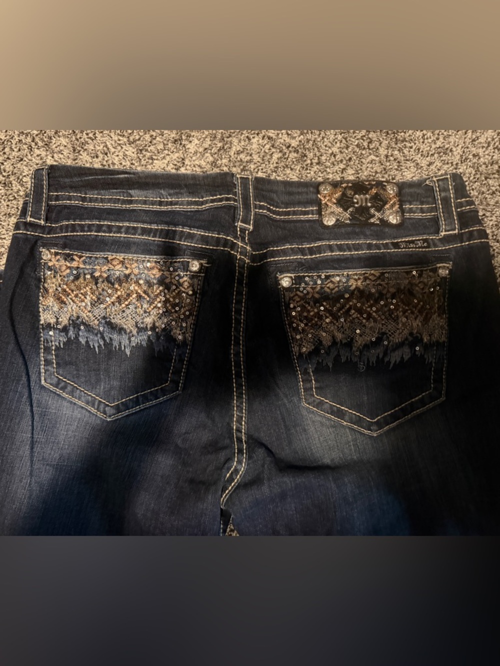 Miss Me Dark Indigo Skinny Jeans with Gold & Silver Pocket Embellishments